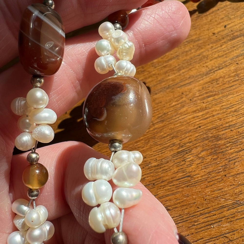 Freshwater Pearl Carnelian Necklace White Red Agate Beaded Boho Statement - Picture 8 of 9